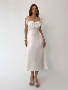 Aloruh Women's New Summer Casual Contrast Lace Ruffle Hem Dress - Beige - View 6