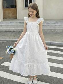 SHEIN 少女白色刺绣优雅短袖连衣裙 - 白色 - 查看 8