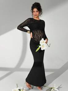 Cheriluna Maternity Solid Color Lace Long Sleeve Maxi Dress With Ruffle Mermaid Hem, Maternity Photoshoot Outfit - Black - View 6