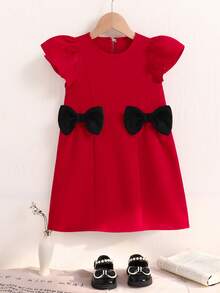 1pc Girls Cute Bowknot Backless Dripping Sleeve Round Neck Summer Dress, Suitable For Daily Wear - White - View 3