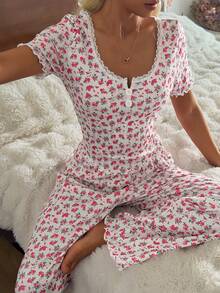 CottageSlumber 2 piezas Conjunto de pijama de manga corta con estampado floral romántico - Blanco - Ver 1