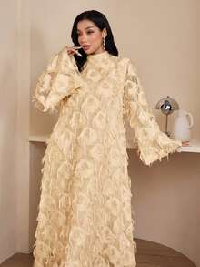 Veilorie 女士优雅派对纯色流苏喇叭袖阿拉伯风格连衣裙 - 卡其色 - 查看 6