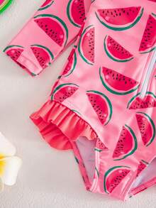 SHEIN Buy One Get One Free 2 Pieces Set: Baby Girl Cute And Versatile Casual Vacation Swimsuit With All-Over Watermelon Print, Plus A Hat. Perfect For Vacations And Spring/Summer. - Pink - View 7