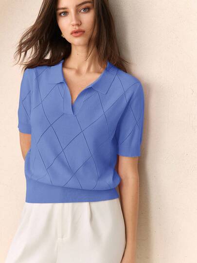 BizChic Women's Blue Polo Collar Diamond Knit Short Sleeve Pullover Sweater, Modern Elegant Urban Commute Everyday Versatile Romantic 90s Retro Christmas New Year Outfit, Valentine's Day Party Dress, Beach, Graduation, Fashion, Carnival, Holiday, Casual, Minimalist, Romantic, Suitable For Wedding Guest, Host, Date, Party, Concert, Brunch, Airport, Multi-Occasion