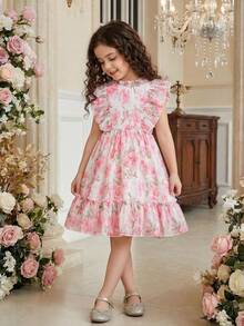 Elladie kids 夏季新款甜美飘逸女童连衣裙，荷叶边领口，荷叶边袖口，碎花图案，A字裙摆，适合日常穿着、度假、乡村风格 - 粉色 - 查看 9