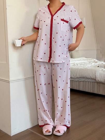 SHEIN Napfluff CURVE Heart & Stripe Print Colorblock Plus Size Short Sleeve Pajama Set For Women