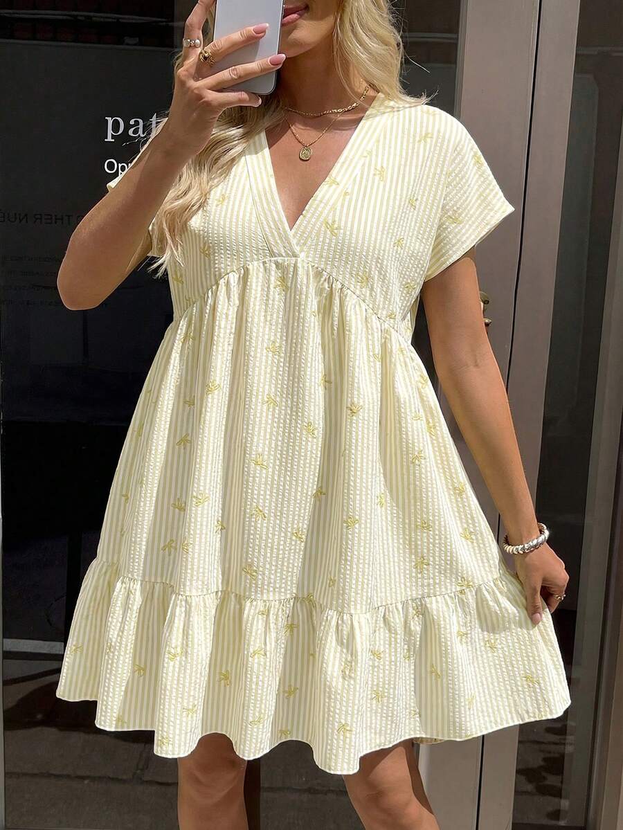 SHEIN LUNE 女士夏季短款粉色休闲度假浪漫沙滩连衣裙 - 黃色 - 查看 1