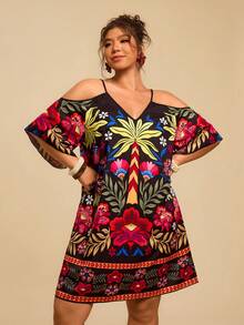 SHEIN VCAY Abito casual da vacanza con stampa floreale tropicale e design traforato, taglie comode - Multicolore - Visualizzare 8