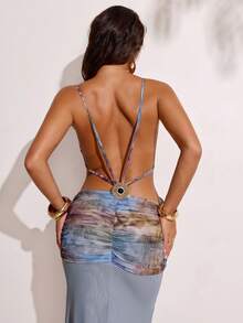 SHEIN BAE Đầm nữ mùa xuân/hè phối lưới họa tiết hoa, cổ yếm hở lưng, thích hợp cho kỳ nghỉ biển, đầm đi nghỉ gợi cảm, đầm in hoa. - Màu tím - Xem 5