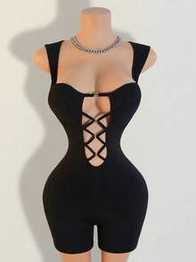 Xyvia 女士黑色纯色光滑面料胸前交叉绳圈纽扣装饰设计无袖收腰修身性感套装，适合狂欢节、鸡尾酒会、聚会等场合，春夏新款时尚必备小众设计百搭优雅连体裤 - 黑色 - 查看 5