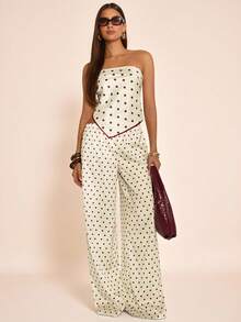 SHEIN BAE 女士优雅性感波点印花系带露背抹胸上衣，适合夏季、春假、情人节、海滩、派对、优雅女士上衣、波点上衣、通勤休闲、外出穿着。 - 杏色 - 查看 1