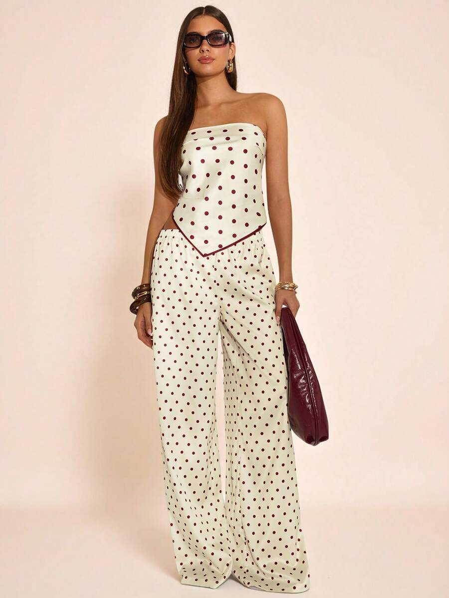 SHEIN BAE 女士优雅性感波点印花系带露背抹胸上衣，适合夏季、春假、情人节、海滩、派对、优雅女士上衣、波点上衣、通勤休闲、外出穿着。 - 杏色 - 查看 1