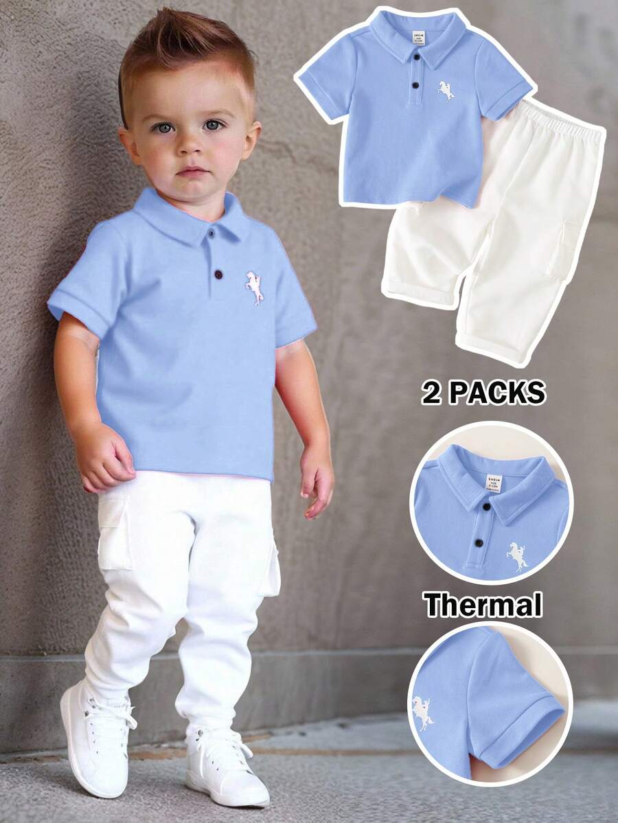 Bubblio Bộ đồ 2 món cho bé trai gồm áo polo ngắn tay màu đỏ in họa tiết dễ thương và quần trắng cạp chun có túi, thích hợp cho tiệc sinh nhật, tiệc tối, biểu diễn, đám cưới, tiệc mừng em bé chào đời, lễ kỷ niệm sinh nhật lần thứ nhất. - Nhiều màu - Xem 1