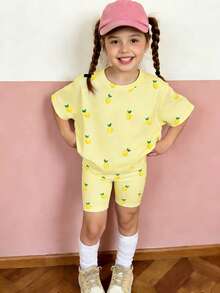 两件套女童休闲柠檬印花T恤和骑行短裤套装，舒适日常穿着，适合春、夏、秋季穿着。 - 彩色 - 查看 7
