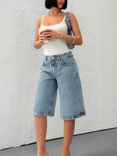 EURMUSE Short en jean délavé bleu à taille basse, style casual