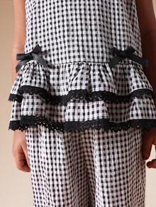 SUMWON Gingham Checked Peplum Tank Top And Wide Leg Palazzo Pants Set With Black Lace Trim For Summer For Valentine's Day Festive Occasionwear For Casual And Vacation - Black - View 5