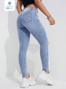 Flexra Women's Solid Color Slant Pocket Distressed Skinny Fashion Jeans - Blue - View 2