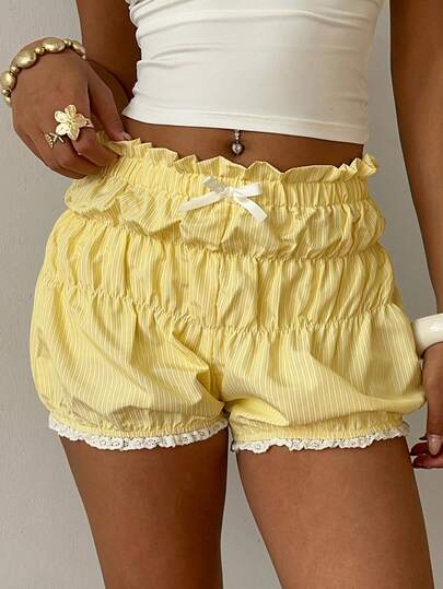 Selianne Women's Elastic Waist Shorts, Vintage Versatile Striped Bow Decor, Ruffle Hem Patchwork Bloomers, Y2K Style Casual Everyday Wear, Party & Holiday Outfit