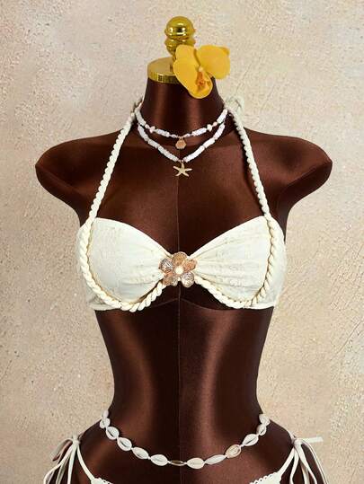 Zestiva Top de traje de baño de mujer para vacaciones de verano, de tela de encaje color albaricoque, con cuerda gruesa, decoración de flor de metal, para usar en la playa