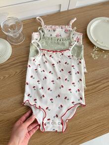 SHEIN LMoss Kids 3件套新生女宝宝可爱休闲针织花卉波点图案连体衣套装 - 彩色 - 查看 1