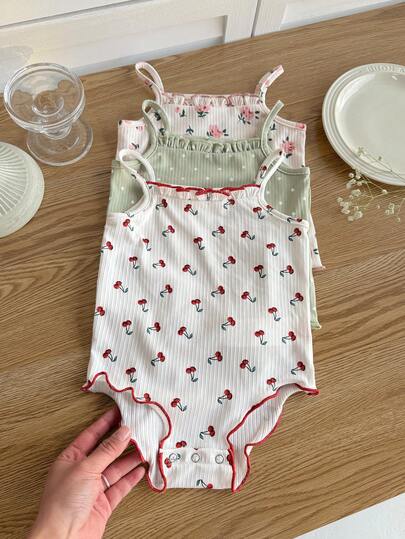 SHEIN 3pcs Newborn Baby Girl Cute Casual Knitted Floral & Polka Dot Pattern Romper Bodysuit Set Baby Strawberry Romper Cherry Romper Baby Cherry Romper Baby Summer Romper