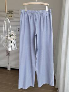 Comfortcana Quần dài mặc nhà dáng rộng, kẻ sọc xanh trắng, có dây rút, cỡ lớn, thích hợp cho mùa xuân/hè. - Xanh và trắng - Xem 2