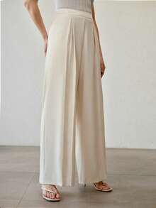 MOTF PREMIUM 女士纯色褶裥阔腿办公西装裤 - 米色 - 查看 6