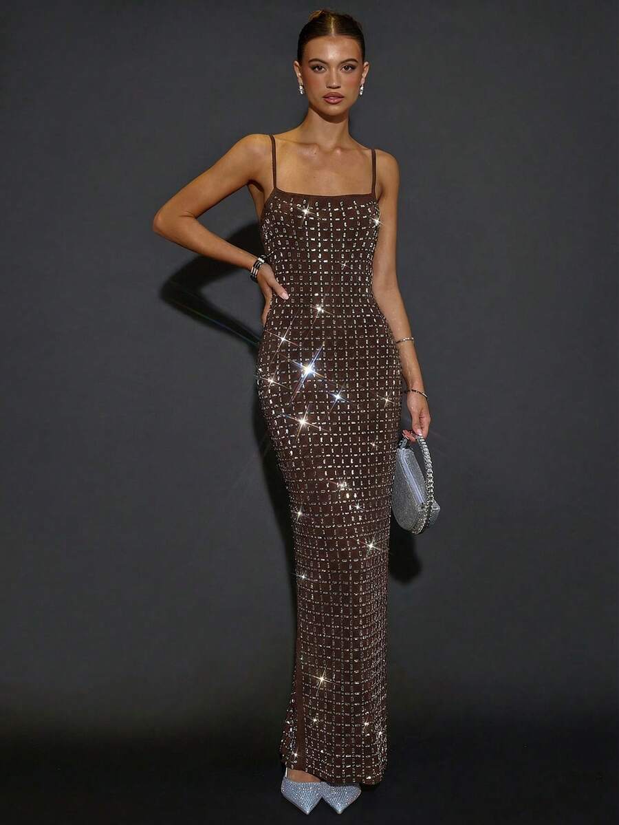 SHEIN BAE 优雅女士闪亮水晶亮片吊带连衣裙，适合毕业派对、正式场合、鸡尾酒会、浪漫约会、秋冬叠穿、派对、夜店、正式聚会、伴娘礼服、晚礼服、万圣节礼服、圣诞节礼服 - 咖啡棕 - 查看 1