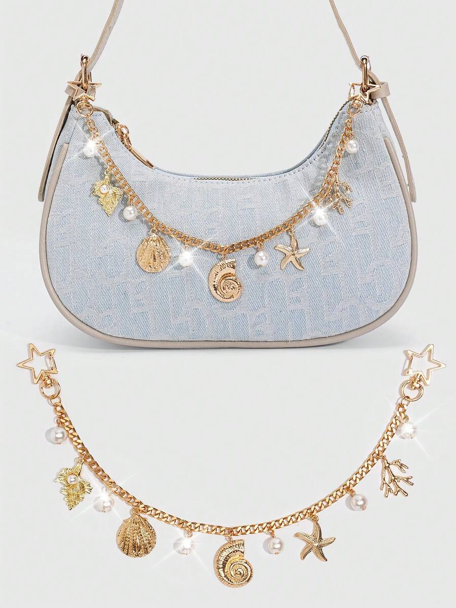 ROMWE Fairycore 1 pieza Adorno de concha marina para un estilo festivo, cadena de concha de estrella de mar, llavero de cola marina de concha, adecuado para combinar con una bolsa cuadrada pequeña cuando salgas de vacaciones. - Oro 1 - Ver 1