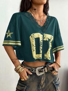 Coolane Women's Summer Sportswear Basic Y2K Number Pattern Contrast Lace V-Neck Jersey Over Size T-Shirt Y2k Clothes Women Tops T Shirt Crop Top Baggy Crop Top Y2k Graphic Crop Top Crop Tops Women Graphic - Green - View 4