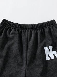 Vacaura 2 piezas Camiseta de cuello redondo de punto con estampado de copos de nieve falsos y pantalones cortos a juego de punto para niños, diseño de estampado pequeño en la parte delantera, tela cómoda, versátil para primavera, verano, otoño - Negro - Ver 3