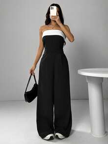 SHEIN EZwear Bộ jumpsuit ống rộng xếp ly phối đen trắng cổ điển dành cho nữ, thích hợp cho mùa xuân/hè. - Nhiều màu - Xem 4