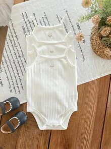 SHEIN 3pcs/Set Cute Baby Girl White Knit Strap Bodysuit Set For Summer - White - View 1
