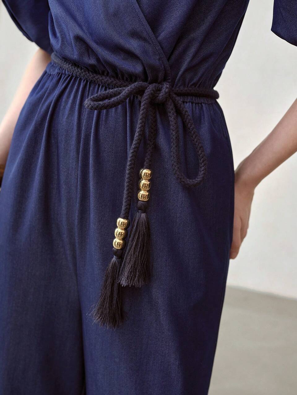 RUCHED WRAP V NECK JUMPSUIT