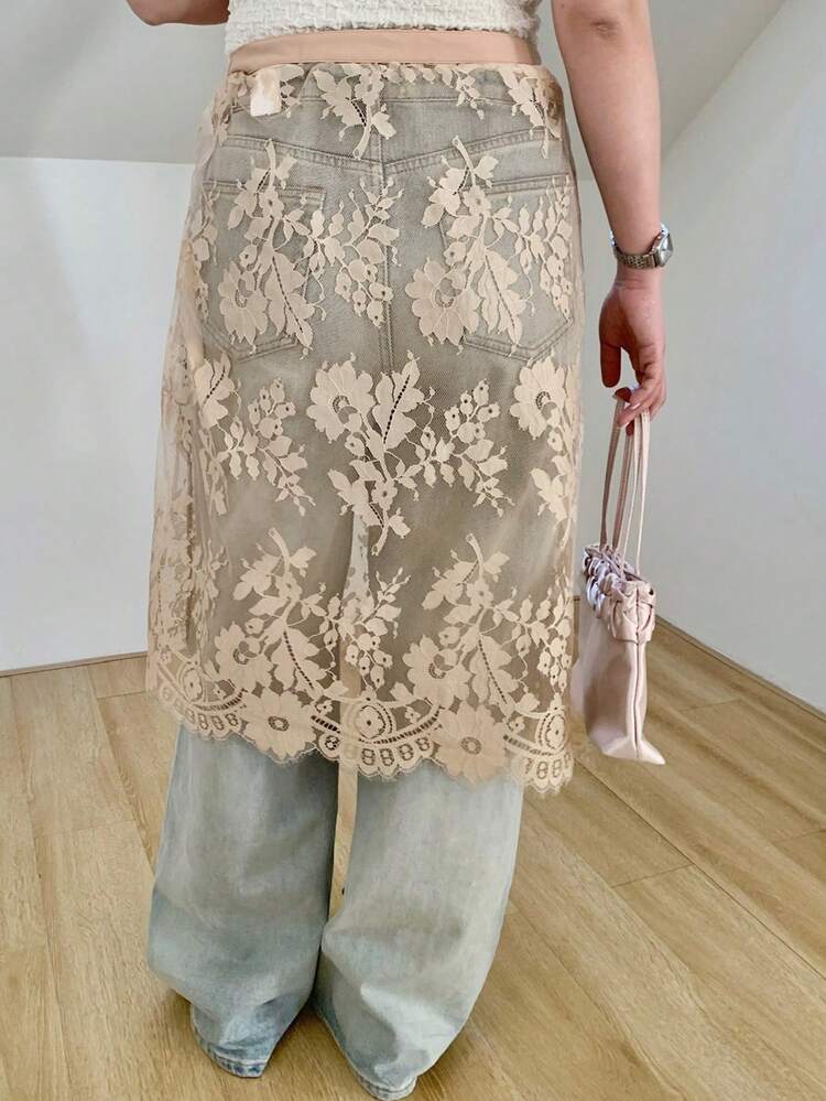 Dazy Plus Elastic Waist Lace Layered Versatile Sheer Skirt Summer