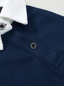 Manfinity Homme Men's Contrast Color Long Sleeve Casual Commuter Versatile Polo Shirt Navy Blue Knit Top, Formal, Ceremony - Navy Blue - View 7