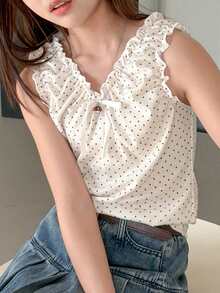 Dazy Kids Tween Girl Polka Dot Print Ruffle V-Neck Casual Tank Top - White - View 3