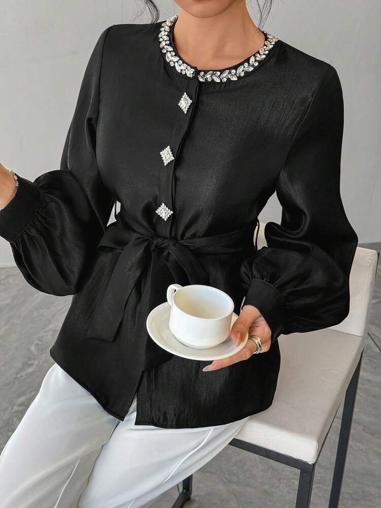Women's Round Neck Rhinestone Buckle Decor Waist Belt Loose Elegant Blouse