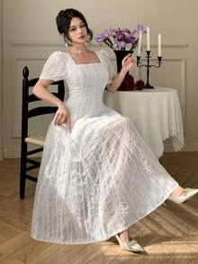 DAZY 女士夏季方领短袖纹理面料优雅中长款度假连衣裙 - 白色 - 查看 5