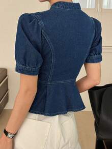 DAZY 女士V领短袖收腰休闲性感牛仔衬衫，夏季 - 深色水洗藍 - 查看 3