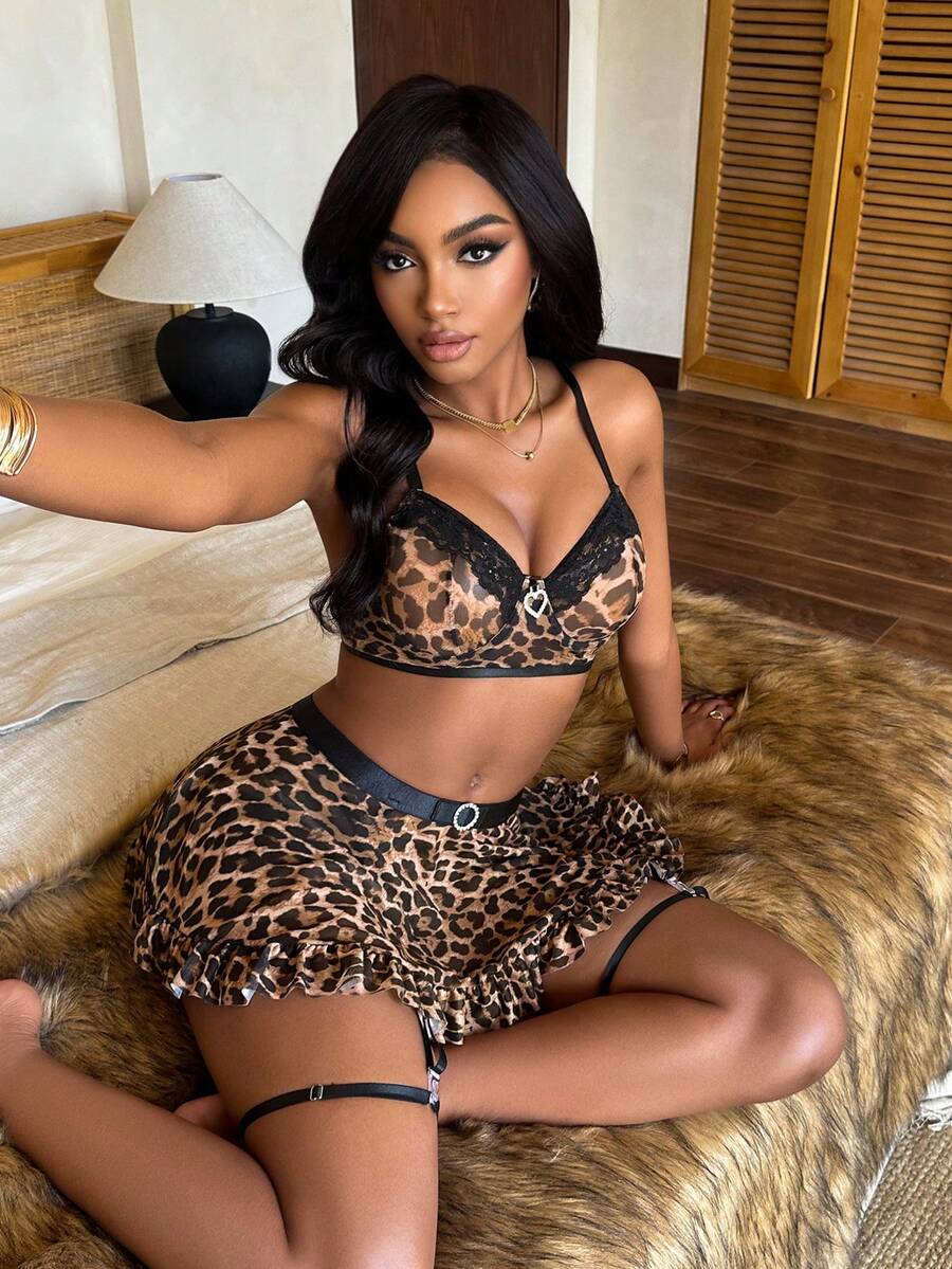 5pcs/Set Women's Sexy Lace Patchwork Mesh Leopard Print Lingerie Set - Multicolor - View 1