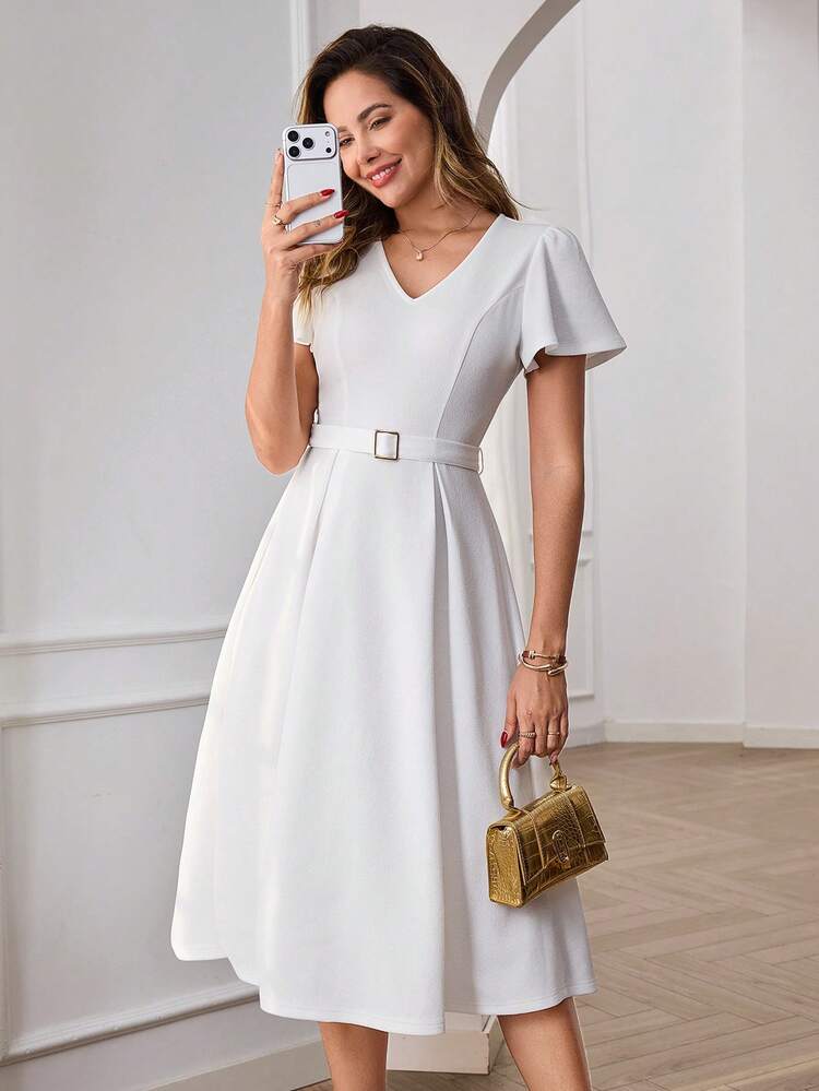 Elegant White Midi Dress For Women – V-Neck Flutter Sleeve Belted A-Line Dress, Perfect For Summer & Spring, Ideal For Wedding Guest, Party, Graduation, Formal Office, Going Out,,Work Outfits For Women,Graduation Outfit For Mother, Ruffle Dress,Summer Outfits For Women
