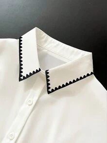 Franclia Camisa casual de manga larga, holgada y de un solo abotonado con adorno floral para mujer - Blanco - Ver 4