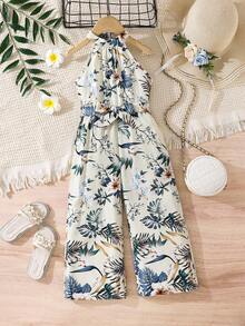 SHEIN Young Girl Ditsy Floral Mandarin Collar Sleeveless Jumpsuit - White - View 1