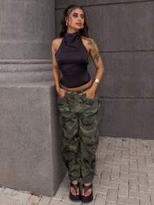 Rayane Ketlyn 女士新款高领露背缎面吊带背心，适合派对穿着 - 黑色 - 查看 1