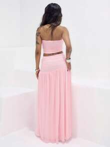 Rayane Ketlyn 2pcs/Set Women Summer Holiday Romantic Pink Mesh Bandeau Top And High Waist Pleated Mesh Maxi Skirt - Pink - View 2