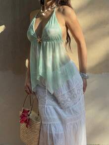 Sunnyshic Top halter sin espalda con efecto tie-dye para vacaciones en la playa - verde menta - Ver 7