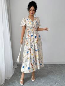 Elenzga 女士优雅花卉褶皱荷叶袖收腰A字连衣裙，度假风 - 杏色 - 查看 7