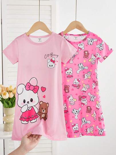 Genkimix Kids 2pcs/Set Girls Cute Cartoon Sheep Print Nightgown Pajama Set, Minimalist Fashion Pink & Gray, Sleepwear