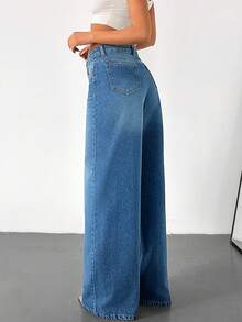 SHEIN 100% Cotton Women's Slant Pocket Casual Wide Legs Jeans - Medium Wash - View 2
